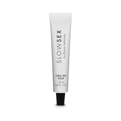 Tube of Bijoux Indiscrets Slow Sex Oral Sex Balm with black cap on white background