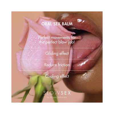 Close-up of glossy lips gently touching a pink rose with text highlighting Slow Sex Oral Sex Balm benefits like gliding, reducing friction, and cooling effect.