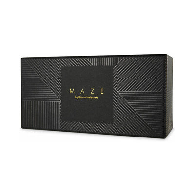 Black rectangular Maze by Bijoux Indiscrets box with gold lettering and geometric line patterns