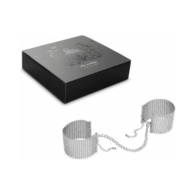 Bijoux Indiscrets Desir Metallique silver mesh handcuffs with adjustable chain and elegant black packaging box.