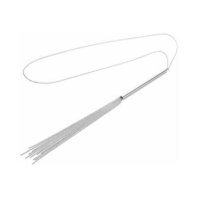 Silver chain necklace whip with sleek handle and multiple delicate chain tassels, elegant and versatile accessory.