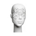 Geometric black decal eyemask displayed on white mannequin head, delicate and modern design for face adornment.