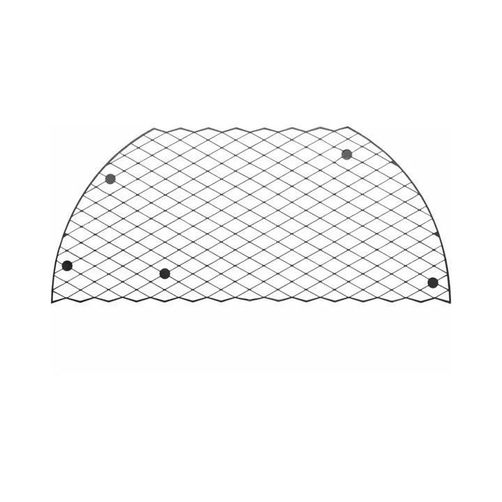 Black mesh decal eyemask with a diamond pattern and adhesive points for a customizable fit.