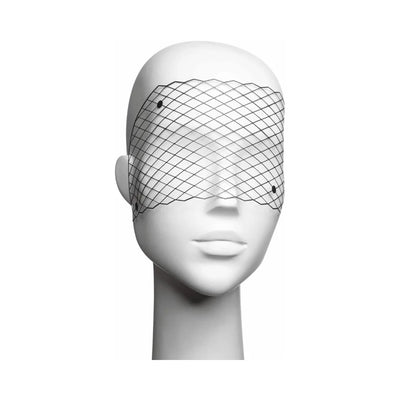 Black mesh decal eyemask with diamond pattern displayed on a white mannequin head for a mysterious look.