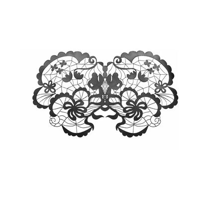 Black lace decal eyemask with intricate floral and swirl patterns, designed for a delicate and adjustable fit.
