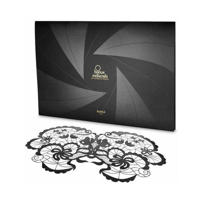 Black lace decal eyemask with floral and swirl patterns displayed in front of sleek black Bijoux Indiscrets packaging.