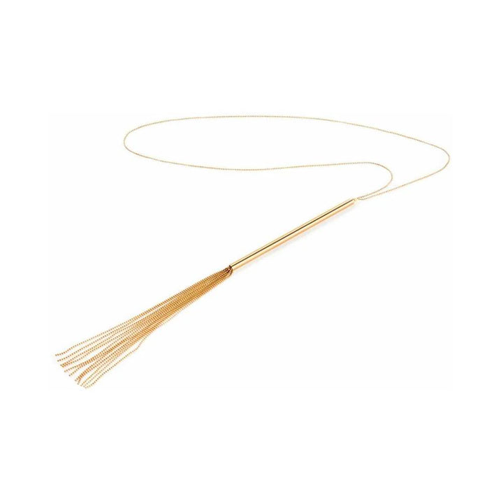 Gold chain necklace with a sleek handle and multiple delicate chain tassels, designed as a versatile whip accessory.