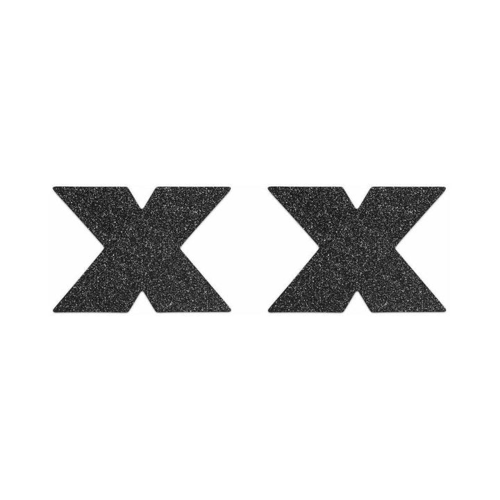 Pair of black glittery cross-shaped adhesive pasties on a white background.