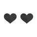 Pair of black glitter heart-shaped adhesive pasties on a white background for stylish body decoration.