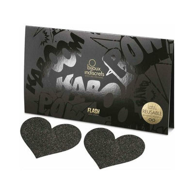 Bijoux Indiscrets black glitter heart-shaped reusable pasties with stylish black packaging.