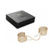 Gold metal mesh handcuff bracelets with chain and black decorative packaging box.