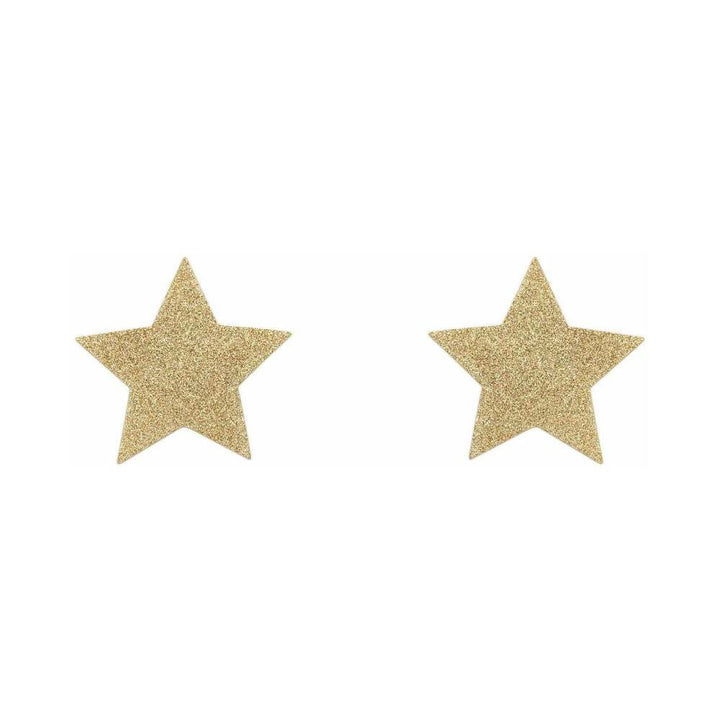 Pair of gold glitter star-shaped reusable adhesive pasties on white background