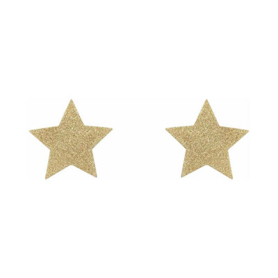 Pair of gold glitter star-shaped reusable adhesive pasties on white background
