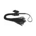 Black soft-tassel whip with a satin bow and wrist loop, designed for playful and sensual exploration.