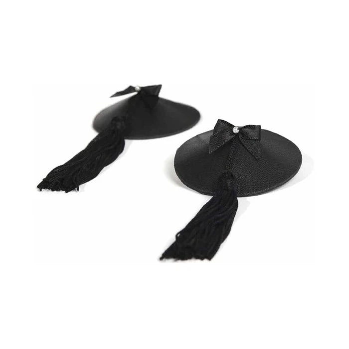 Black leather and satin burlesque pasties with tassels and small decorative bows with pearl accents.