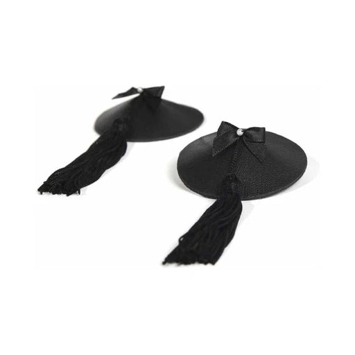 Black leather and satin burlesque pasties with tassels and small decorative bows with pearl accents.