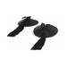 Black leather and satin burlesque pasties with tassels and small decorative bows with pearl accents.