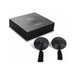 Black leather and satin tasseled pasties with small bows, displayed next to a sleek black gift box.