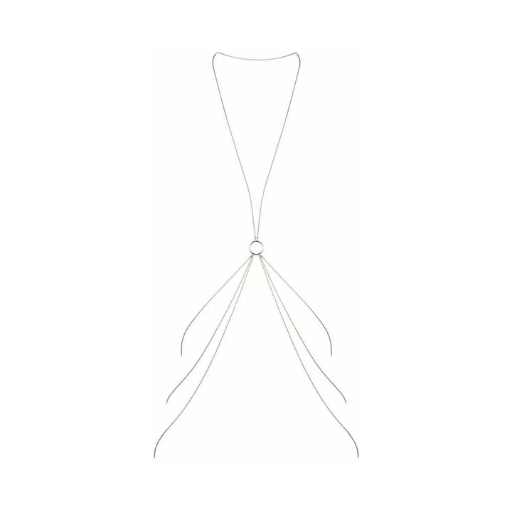 Silver delicate body chain with central ring and multiple thin strands designed to drape elegantly over the body.