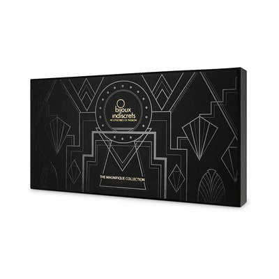 Black rectangular box packaging with gold and silver geometric Art Deco designs and Bijoux Indiscrets Magnifique Collection branding.