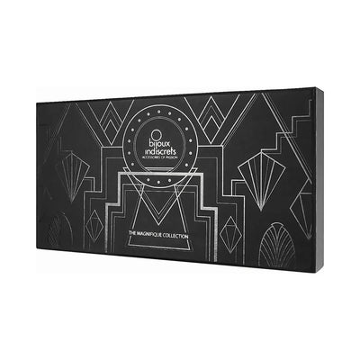 Black rectangular box packaging with silver geometric art deco design and Bijoux Indiscrets Magnifique Collection branding.