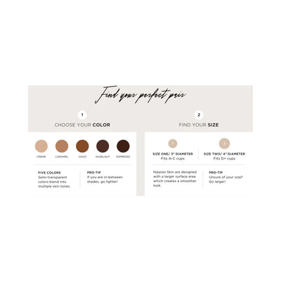 Color and size guide for Nippies Skin nipple covers showing five skin tone shades and two size options for cup fits.