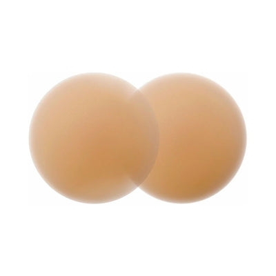 Pair of round caramel-colored reusable silicone nipple covers with a smooth matte finish.