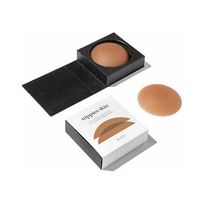 Reusable cocoa-colored silicone nipple covers with black magnetic storage case and white branded box.