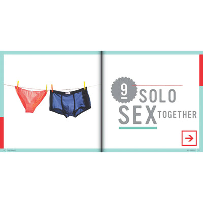 Open book spread showing chapter title "Solo Sex Together" with illustrations of red and blue underwear hanging on a clothesline.