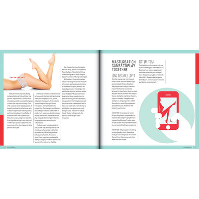 Open book spread from Sex Yourself showing illustrated legs and text on masturbation techniques and games for couples.