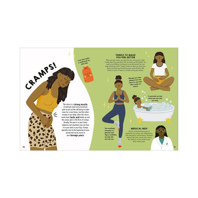 Illustrated book spread explaining menstrual cramps with tips for relief, including yoga, warm baths, and medical advice.
