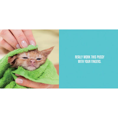 Wet kitten wrapped in a green towel being gently dried with humorous caption on blue background.