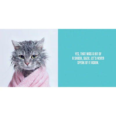 Wet gray cat wrapped in pink towel with humorous caption about a shocking bath experience on blue background.