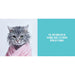 Wet gray cat wrapped in pink towel with humorous caption about a shocking bath experience on blue background.