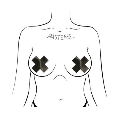 Illustration of a torso wearing black reusable liquid cross-shaped nipple pasties by Pastease.