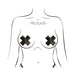 Illustration of a torso wearing black reusable liquid cross-shaped nipple pasties by Pastease.