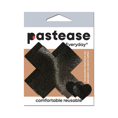 Pastease Everyday black reusable liquid cross-shaped nipple covers in packaging with product branding and usage text.