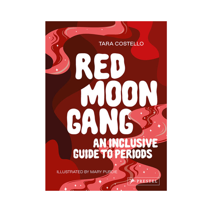 Book cover of Red Moon Gang by Tara Costello with abstract red and pink swirls and bold white text.