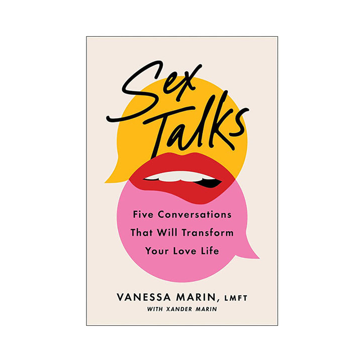 Book cover for Sex Talks by Vanessa Marin featuring stylized lips and speech bubbles in yellow and pink.