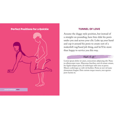 Illustration of a couple in a quickie position with instructional text titled Tunnel of Love from COSMO's Hot Sex Moves cards.