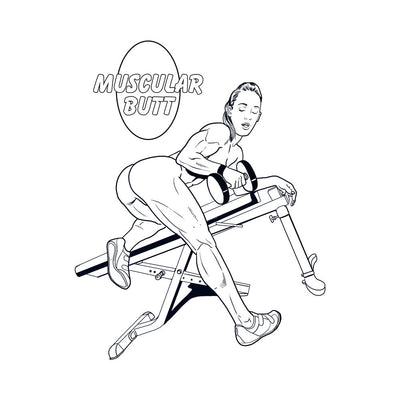 Black and white illustration of a muscular woman exercising with dumbbells on a workout bench, labeled muscular butt.