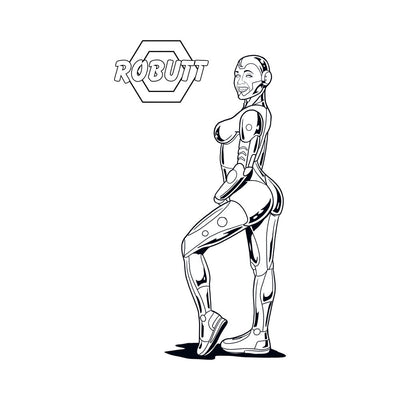 Black and white line art of a smiling female robot posing with one leg raised, titled Robutt, from an adult coloring book.