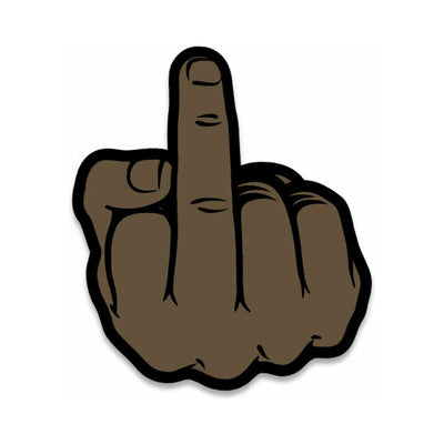 Brown enamel lapel pin shaped like a hand with the middle finger raised, outlined in black.