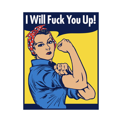 Colorful pin featuring a strong woman in a red polka dot headband flexing her arm with bold text above.