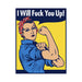 Colorful pin featuring a strong woman in a red polka dot headband flexing her arm with bold text above.