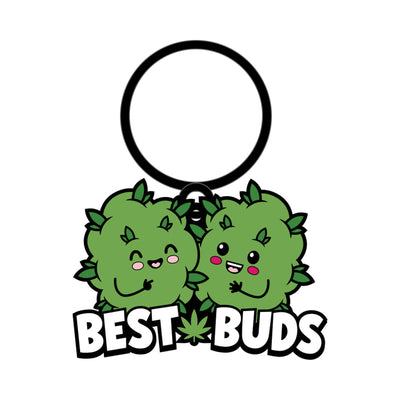 Green enamel keychain featuring two smiling cannabis buds with "Best Buds" text and a small leaf detail.
