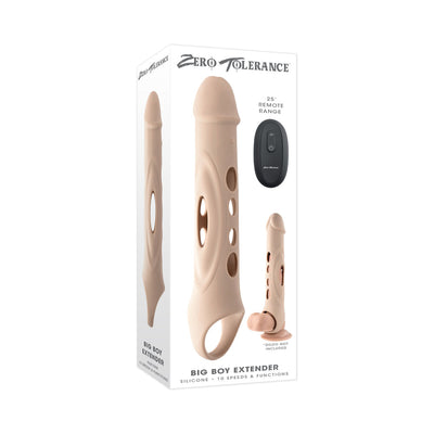 Packaging of Zero Tolerance Big Boy Extender with remote control, showing silicone extender with peek-a-boo holes and remote.