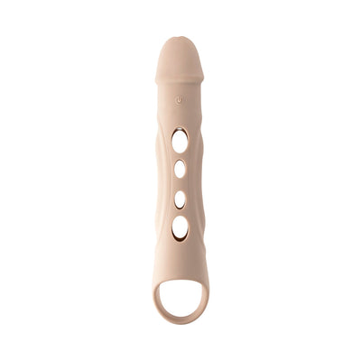 Beige silicone penis extender with remote control, featuring multiple peek-a-boo holes and a looped base ring.