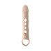 Beige silicone penis extender with remote control, featuring multiple peek-a-boo holes and a looped base ring.