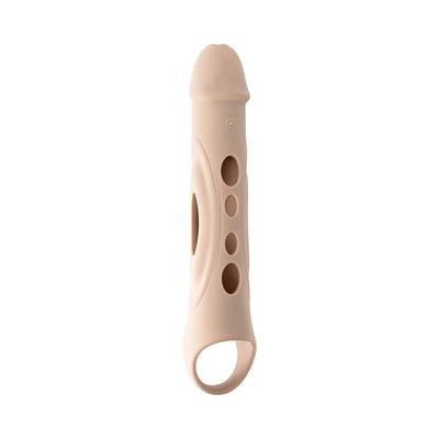 Beige silicone penis extender with multiple peek-a-boo holes and a looped base for added comfort and stimulation.